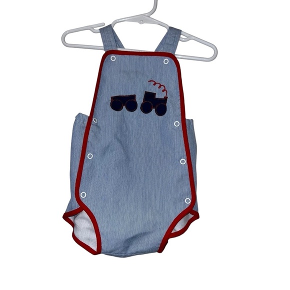 Vintage Blue Baby Romper with Train Design red trim * no size, read measurements - Picture 1 of 2